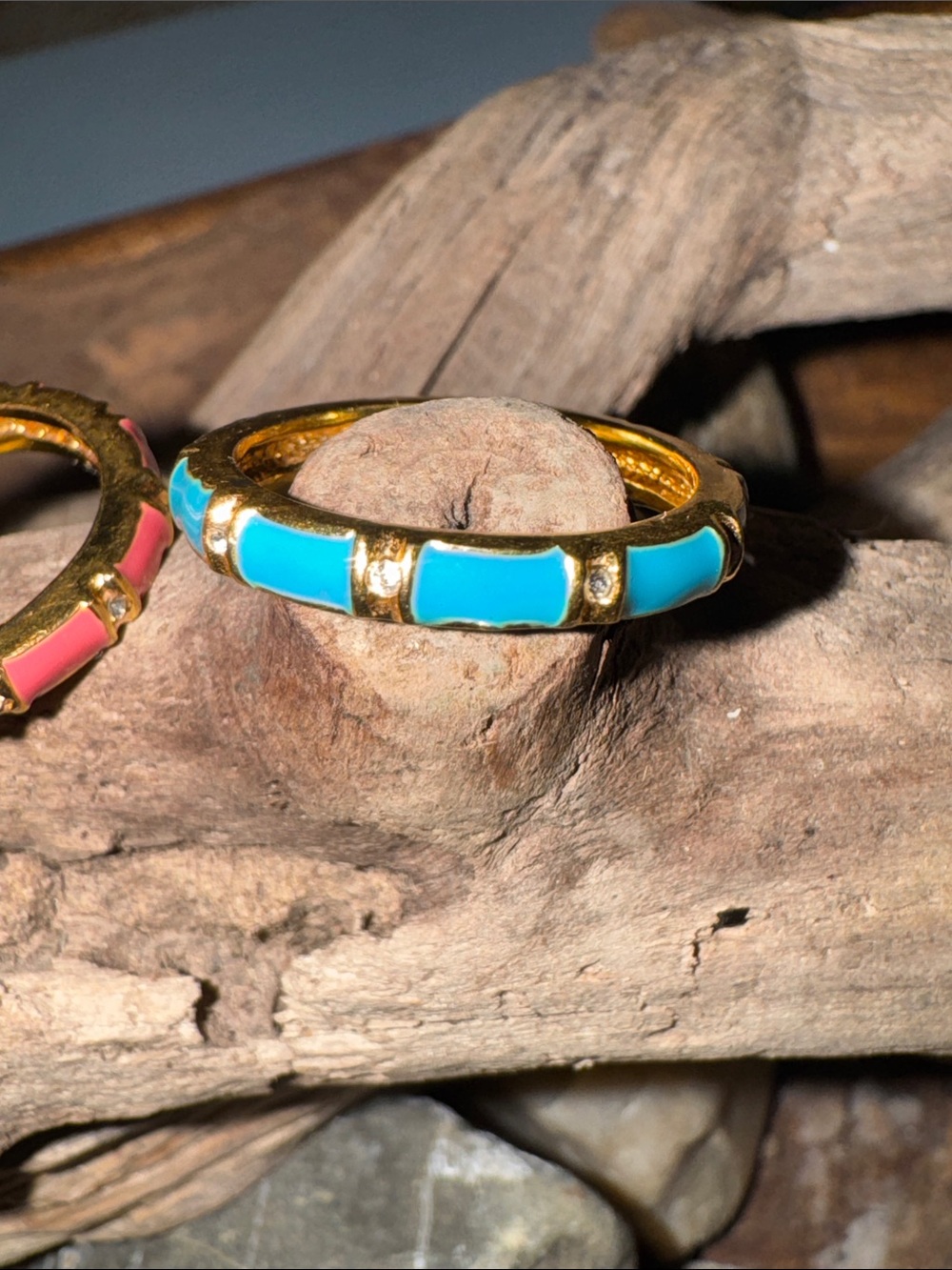 Stackable Rings Set of 3- Gold-Tone with Pink and Turquoise Enamel - Picture 3 of 4